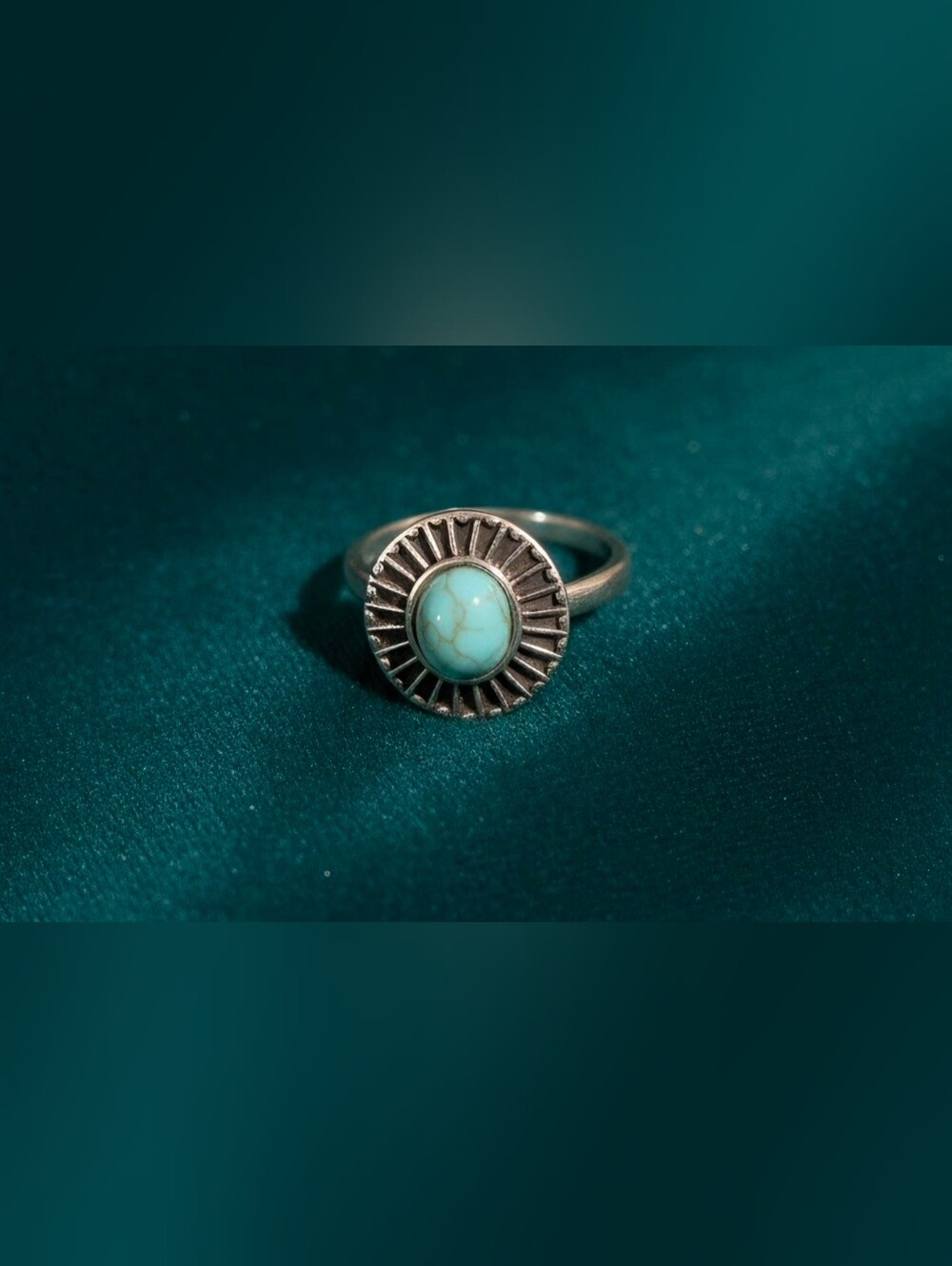 Silver Sunburst Ring with Turquoise Stone - Women Jewelry